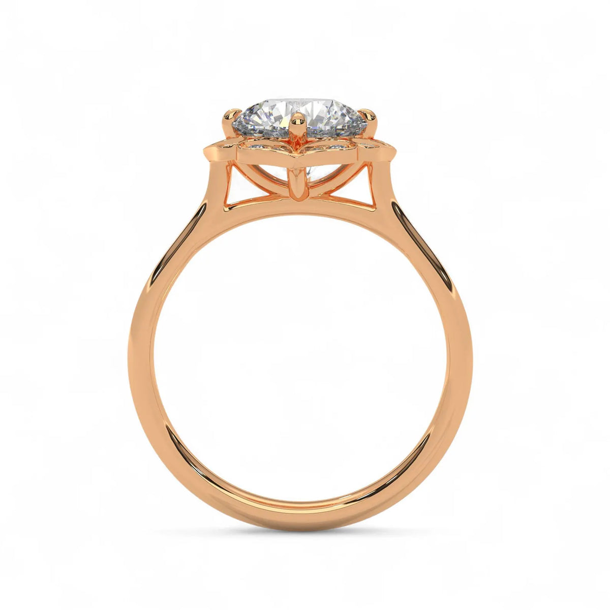 Direct side profile view of a rose gold 3 CT round lab diamond ring with floral basket setting.