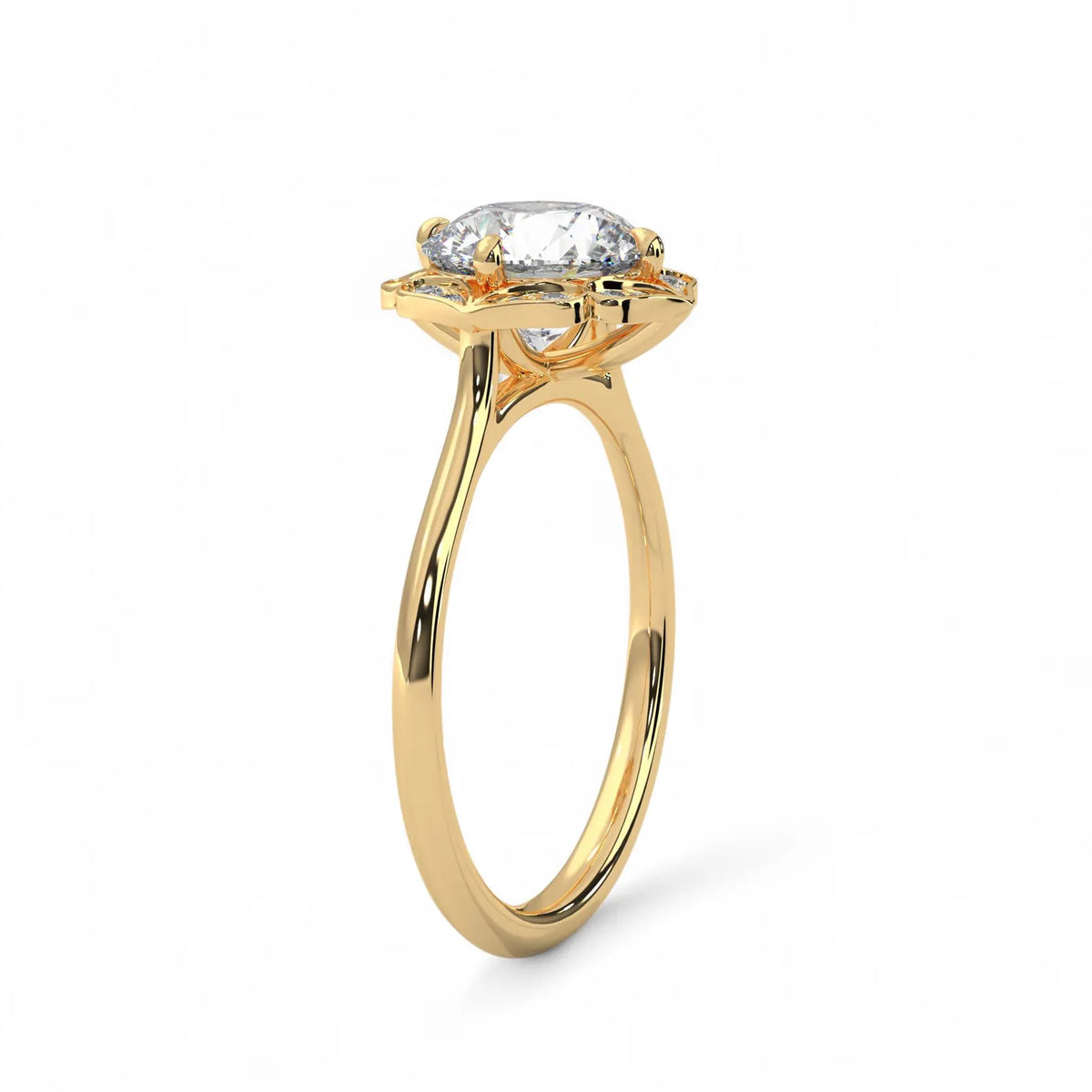 Perspective side view of a 3 CT round lab diamond floral halo ring in polished yellow gold.