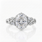Direct front view of a white gold 3 carat oval lab diamond ring with botanical leaf scrollwork and marquise accent stones.