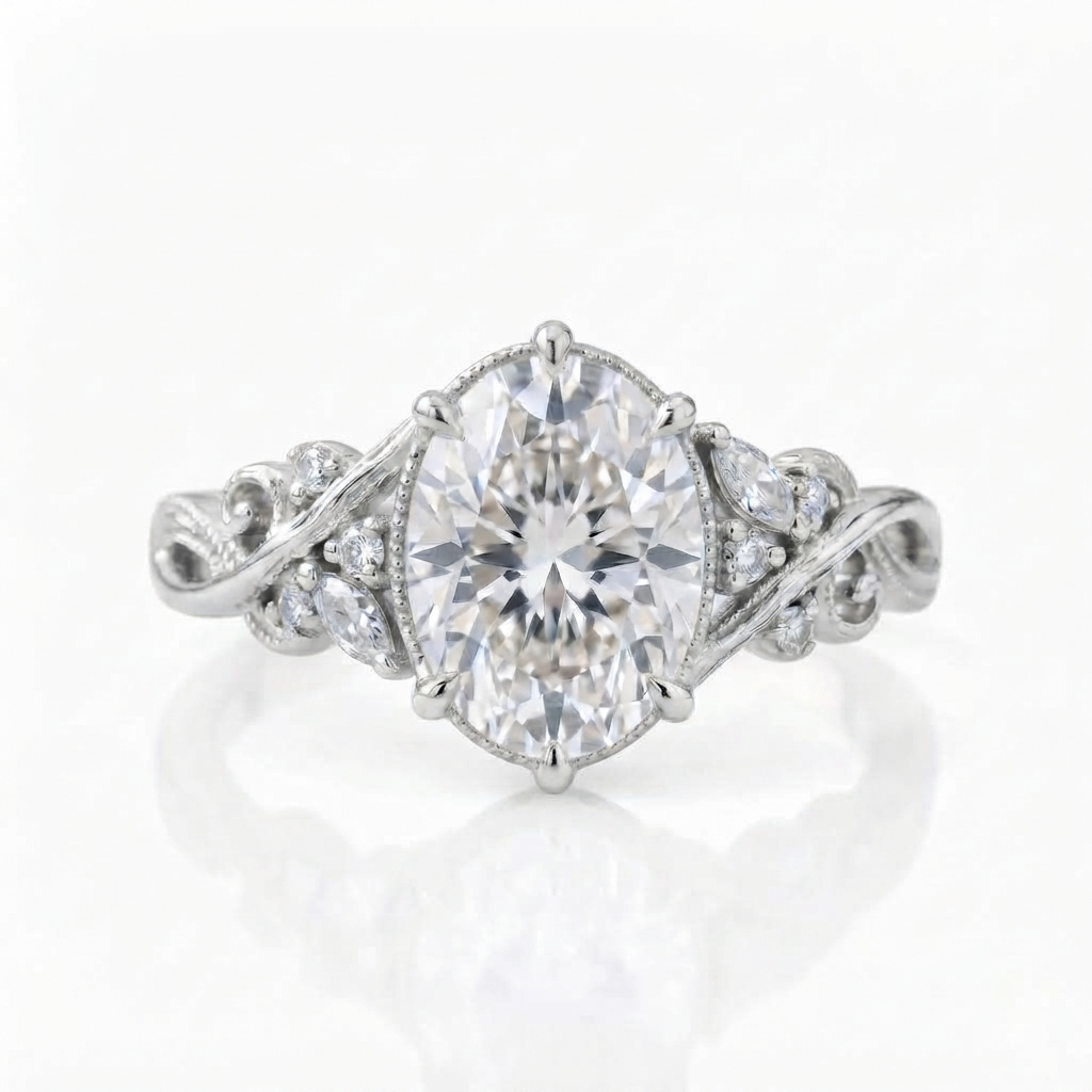 Direct front view of a white gold 3 carat oval lab diamond ring with botanical leaf scrollwork and marquise accent stones.