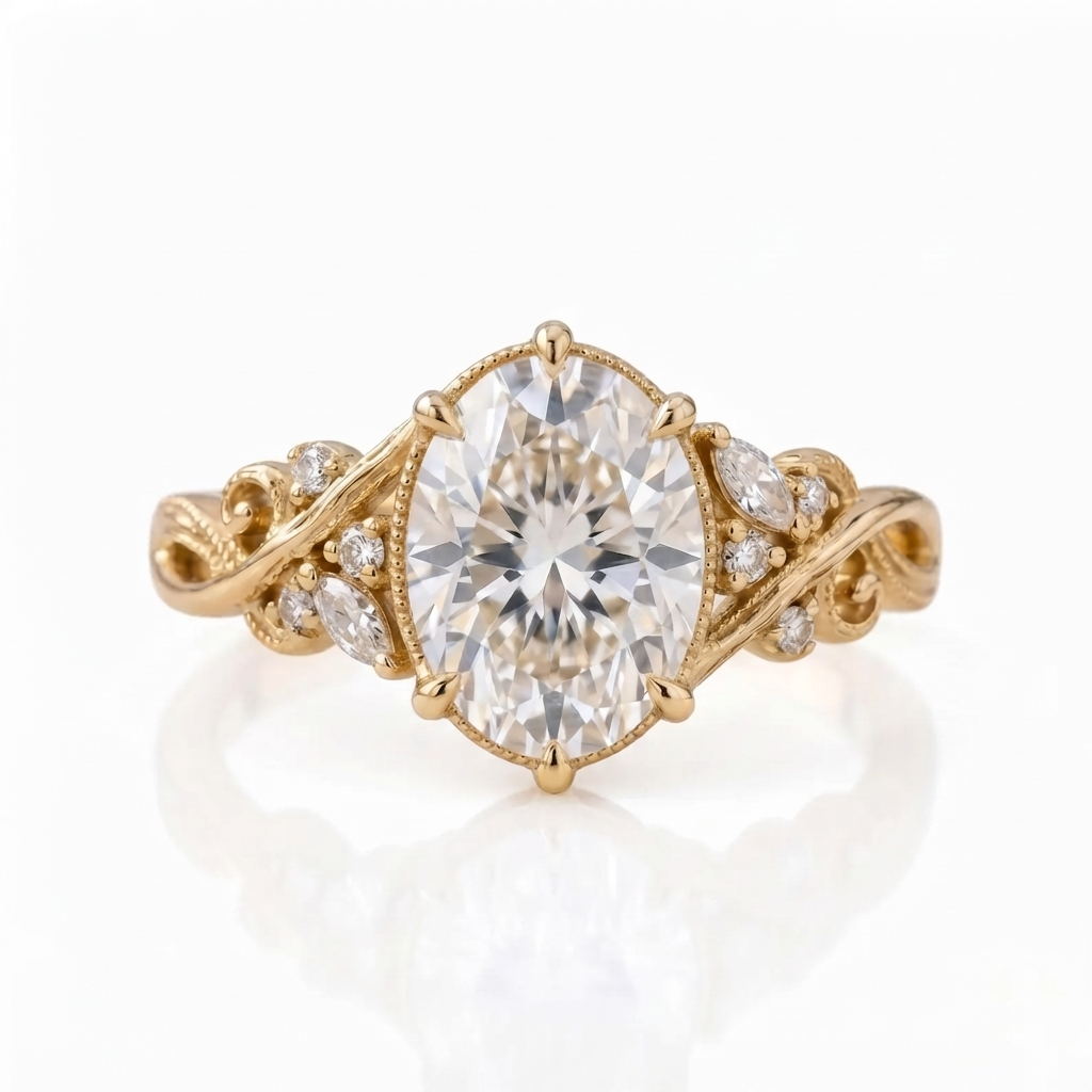 Front view of a yellow gold 3 CT oval lab grown diamond engagement ring featuring floral filigree and milgrain accents.