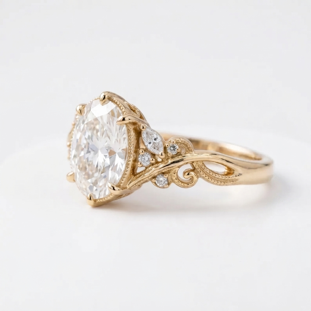 Side profile perspective of a yellow gold 3 CT oval lab diamond ring showcasing detailed vine scrollwork and leaf motif.