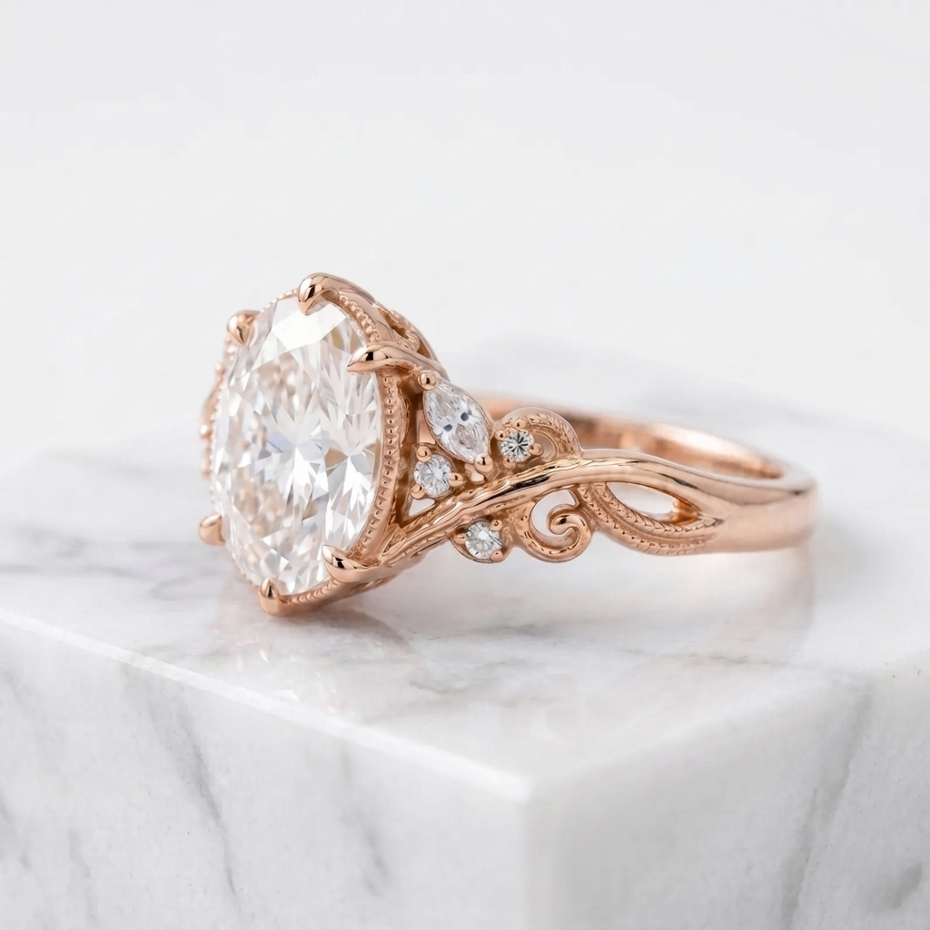 Side profile perspective of a rose gold 3 CT oval cut lab diamond engagement ring with intricate botanical band carving.