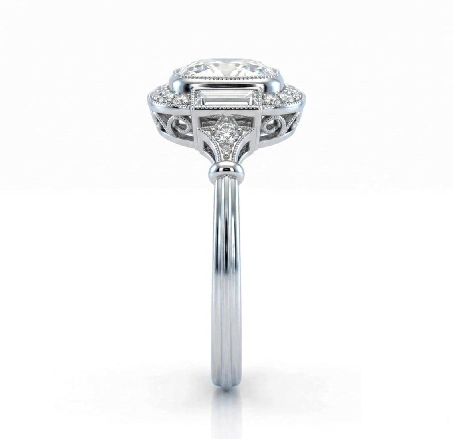 Side profile of a vintage 3 CT cushion cut engagement ring showcasing the incredibly detailed filigree and scrollwork gallery beneath the center diamond.