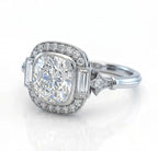 Three-quarter angled view of an Art Deco 3 CT cushion cut lab grown diamond ring emphasizing the double-ridged band, baguette accents, and milgrain halo.