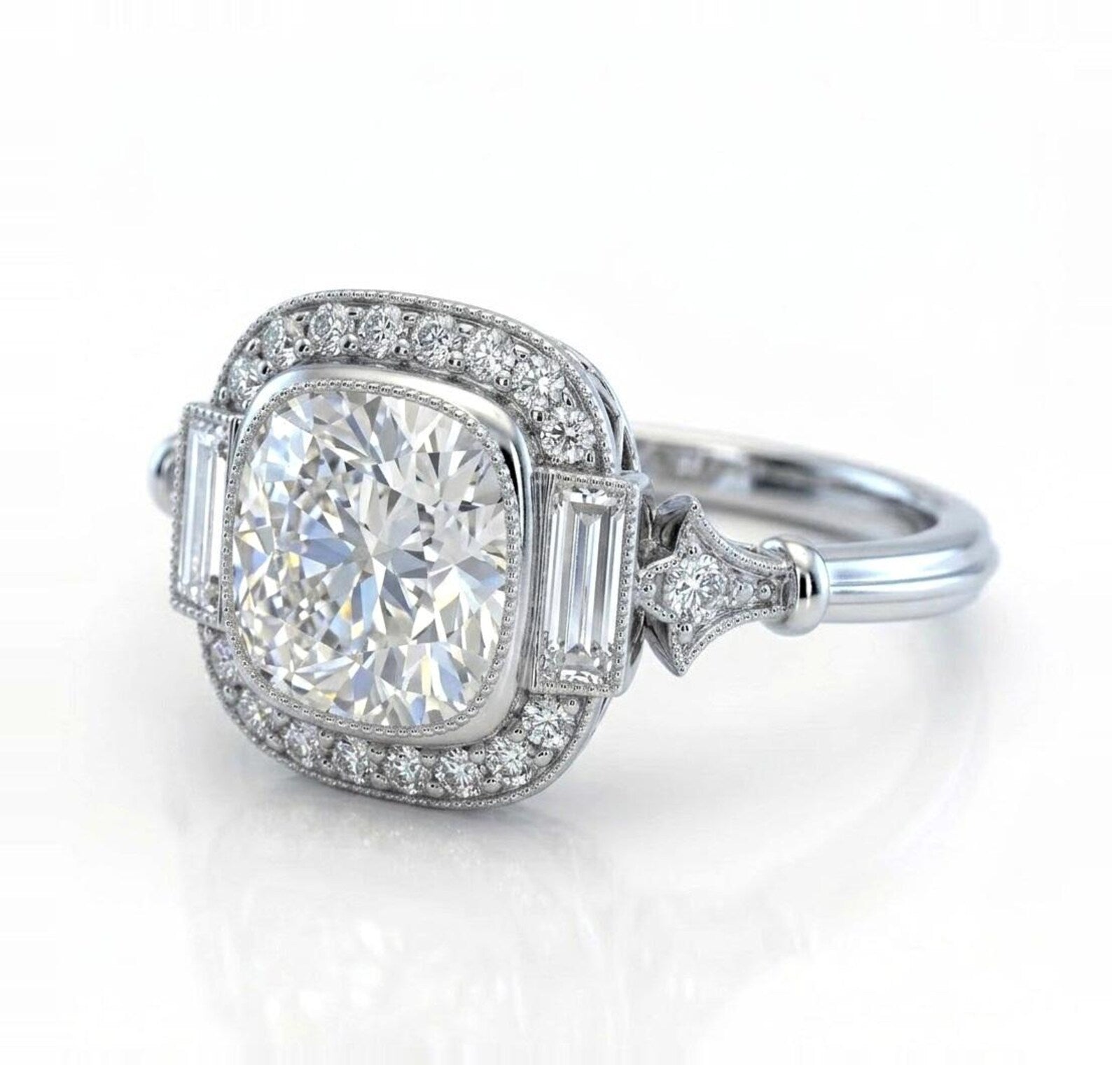 Three-quarter angled view of an Art Deco 3 CT cushion cut lab grown diamond ring emphasizing the double-ridged band, baguette accents, and milgrain halo.