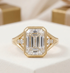 5 CT Emerald Lab Diamond Engagement Ring Bezel Set With Milgrain Detail