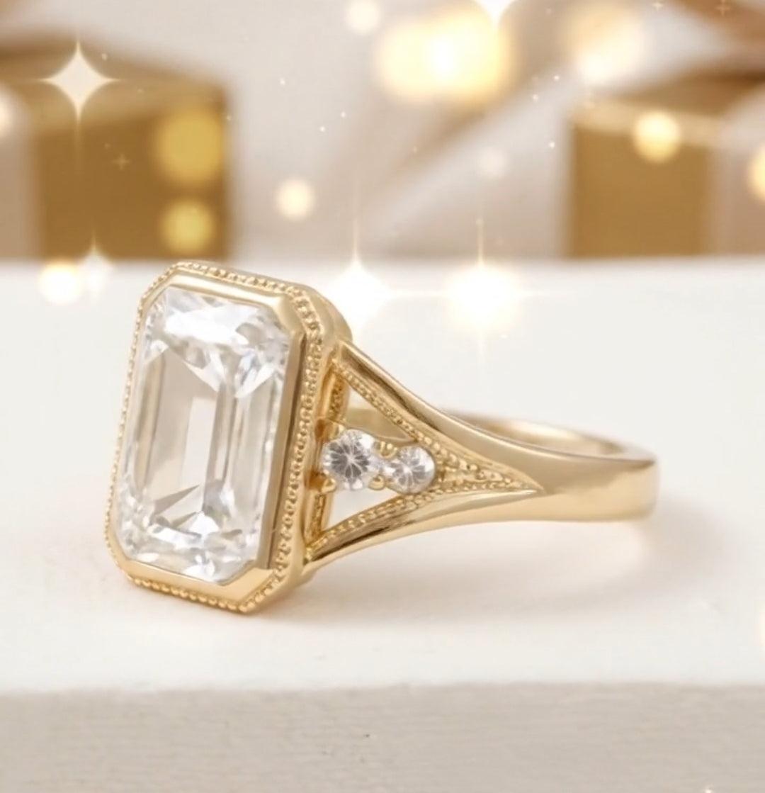 5 CT Emerald Lab Diamond Engagement Ring Bezel Set With Milgrain Detail