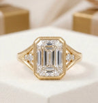 5 CT Emerald Lab Diamond Engagement Ring Bezel Set With Milgrain Detail