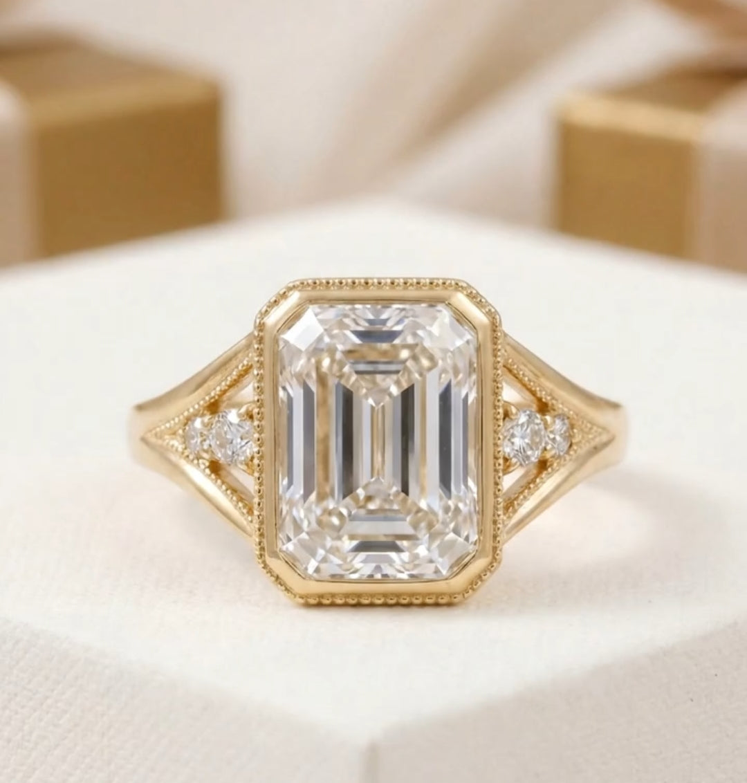 5 CT Emerald Lab Diamond Engagement Ring Bezel Set With Milgrain Detail