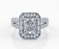 Front-facing top view of a 3 CT radiant cut lab grown diamond engagement ring with a geometric halo and milgrain split shank on a white background.