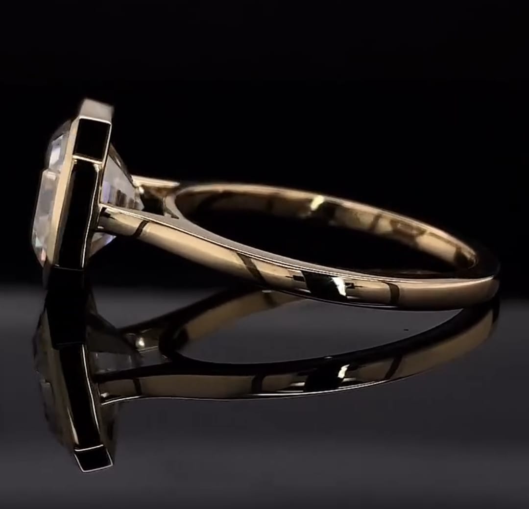 Side view showing the raised bezel basket setting and polished band of the 4 CT Asscher cut lab diamond ring