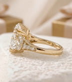 4 CT Oval Lab Diamond Engagement Ring  Leaf Side Stone Ring