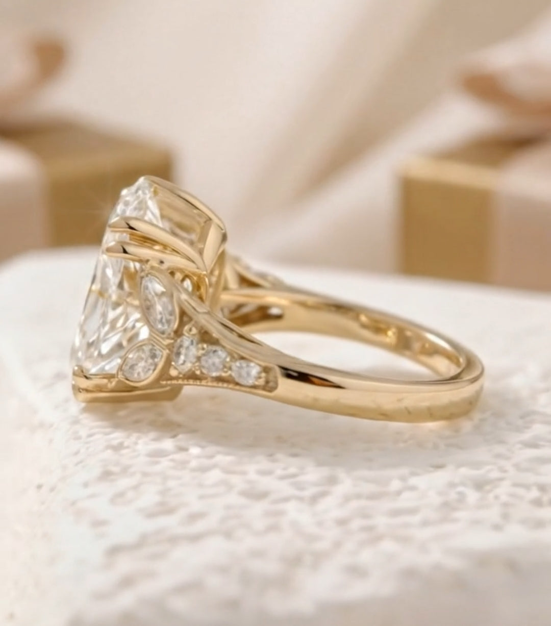 4 CT Oval Lab Diamond Engagement Ring  Leaf Side Stone Ring