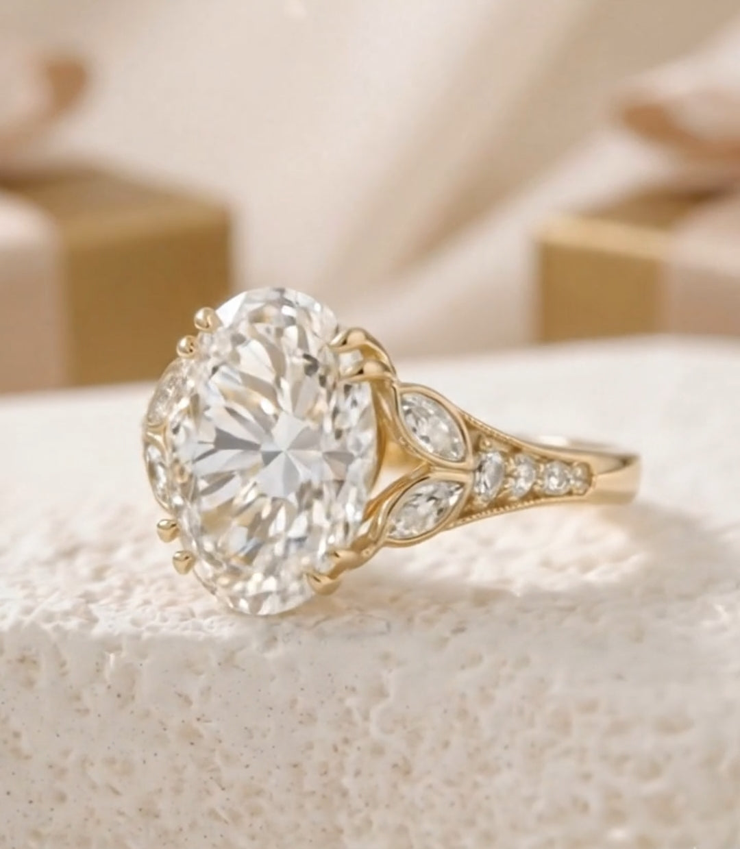 4 CT Oval Lab Diamond Engagement Ring  Leaf Side Stone Ring