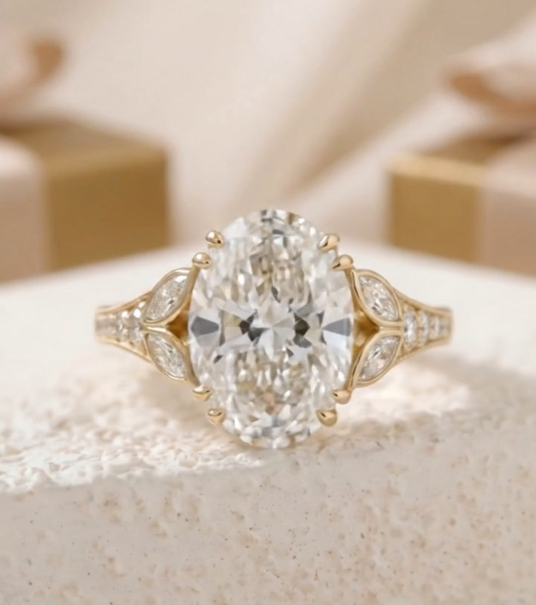 4 CT Oval Lab Diamond Engagement Ring  Leaf Side Stone Ring