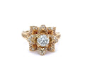 Top view showing the 1.5 CT round center diamond framed by layered pavé diamond lotus petals