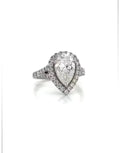 Direct top view showcasing a brilliant 3 carat pear cut lab grown diamond in a halo setting