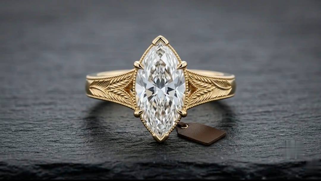 Front view showcasing the brilliance and symmetry of a 3 CT marquise cut lab grown diamond in yellow gold
