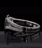 Rear perspective view showcasing the polished interior band and split pave architecture of the engagement ring.