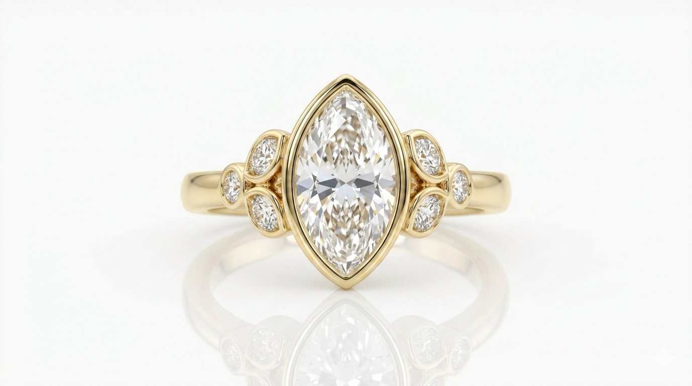 Bezel Set 3 CT Marquise Lab Diamond Engagement Ring, Anniversary Gift