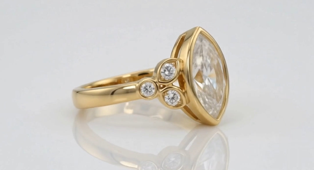 Side Three Round Cut Diamond Bezel Set 3 CT Marquise Lab Grown Diamond Ring 