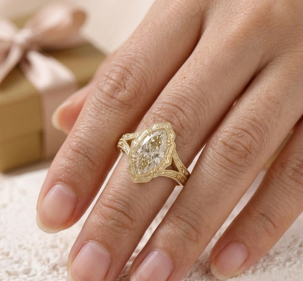 Filigree Antique Style 4 CT Marquise Lab Diamond Engagement Ring