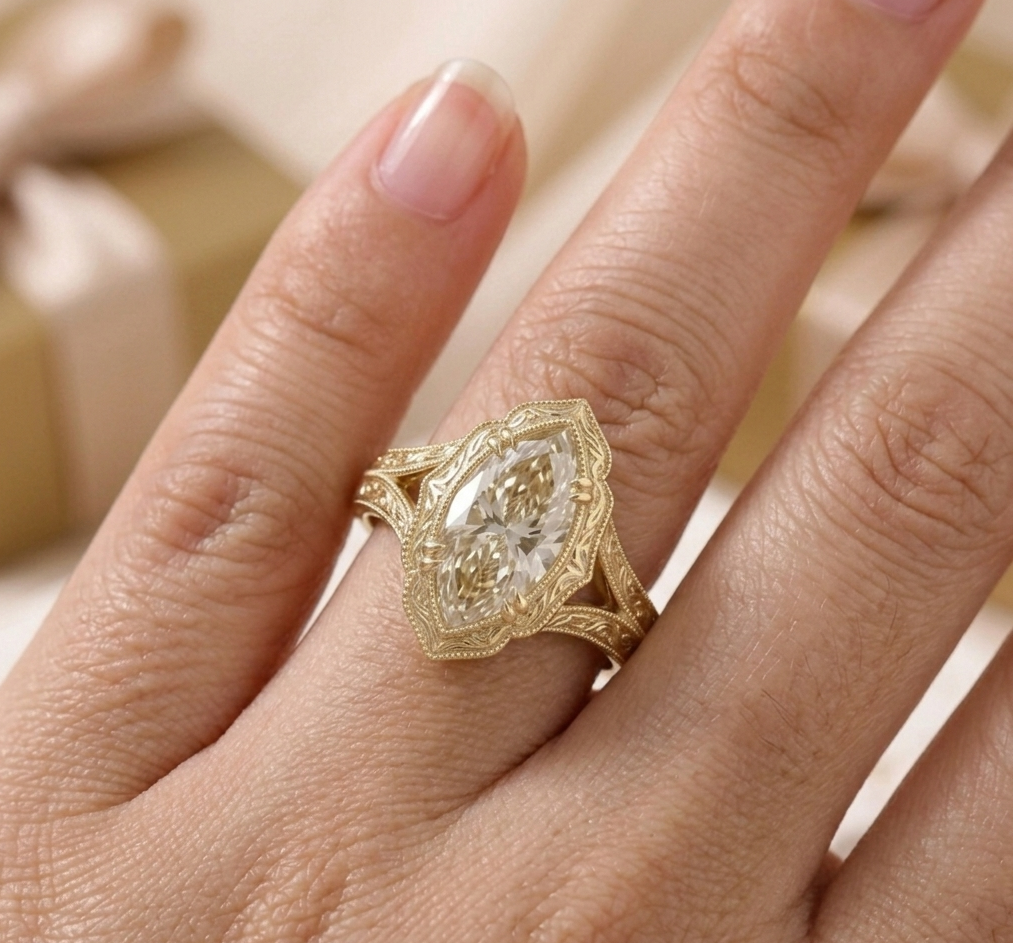 Filigree Antique Style 4 CT Marquise Lab Diamond Engagement Ring
