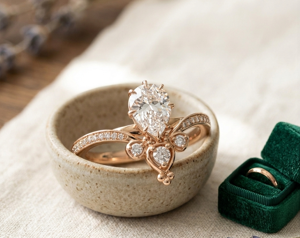 Close-up rendering of a 2 Ct pear lab-grown diamond engagement ring featuring a contoured crown design and accent side stones in polished gold.