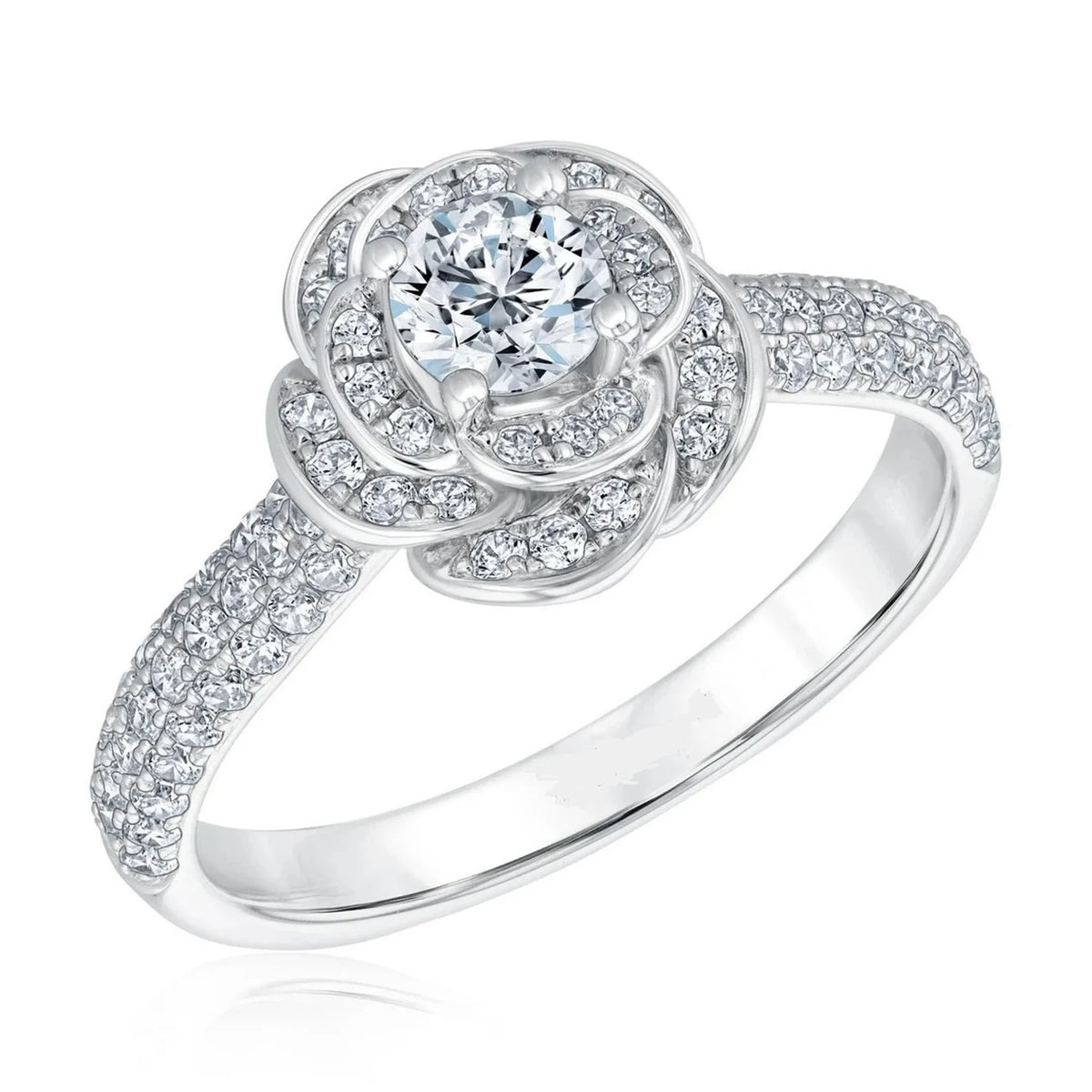 Three-quarter studio view of 1.5 CT round lab grown diamond floral rose halo ring with micro-pavé petals and band.