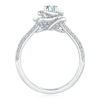 Vertical side angle showing the tiered petal halo profile and micro-pavé shank detailing of 1.5 CT round diamond ring.