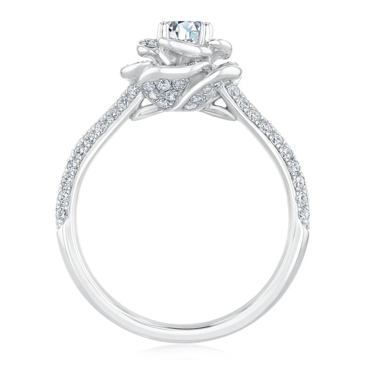 Vertical side angle showing the tiered petal halo profile and micro-pavé shank detailing of 1.5 CT round diamond ring.