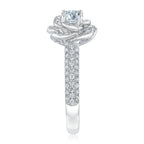 Full circular profile view showing underside floral setting architecture and pave encrusted ring band.