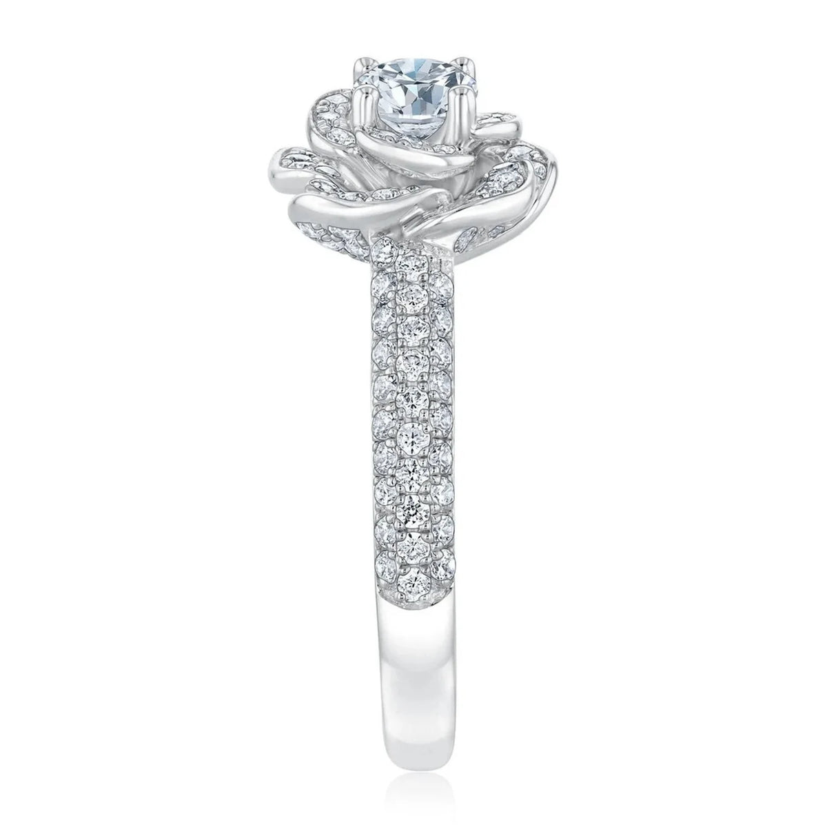 Full circular profile view showing underside floral setting architecture and pave encrusted ring band.
