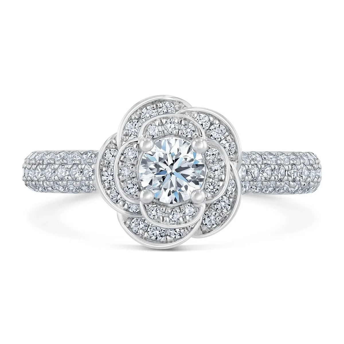 Top-down view highlighting 1.5 CT round cut lab grown diamond set inside a blooming rose halo with pave band.