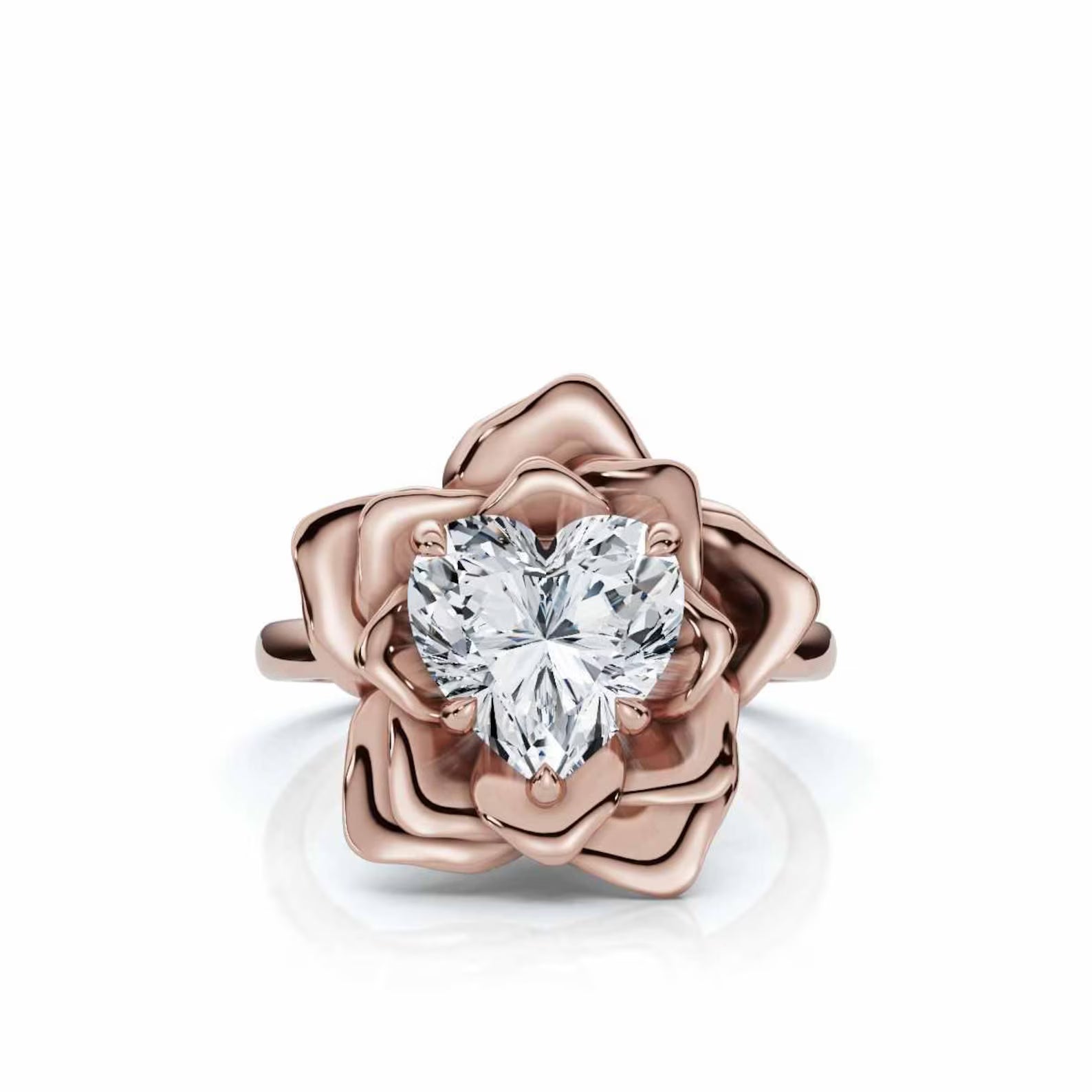 Sculptural Flower Petal Setting, 3 CT Heart Cut Lab Grown Diamond Floral Rose Ring