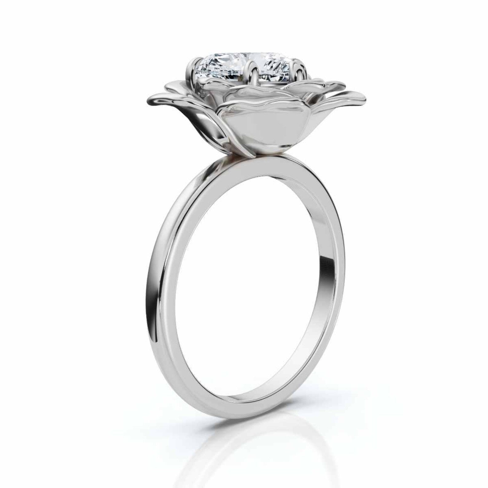 Sculptural Flower Petal Setting, 3 CT Heart Cut Lab Grown Diamond Floral Rose Ring