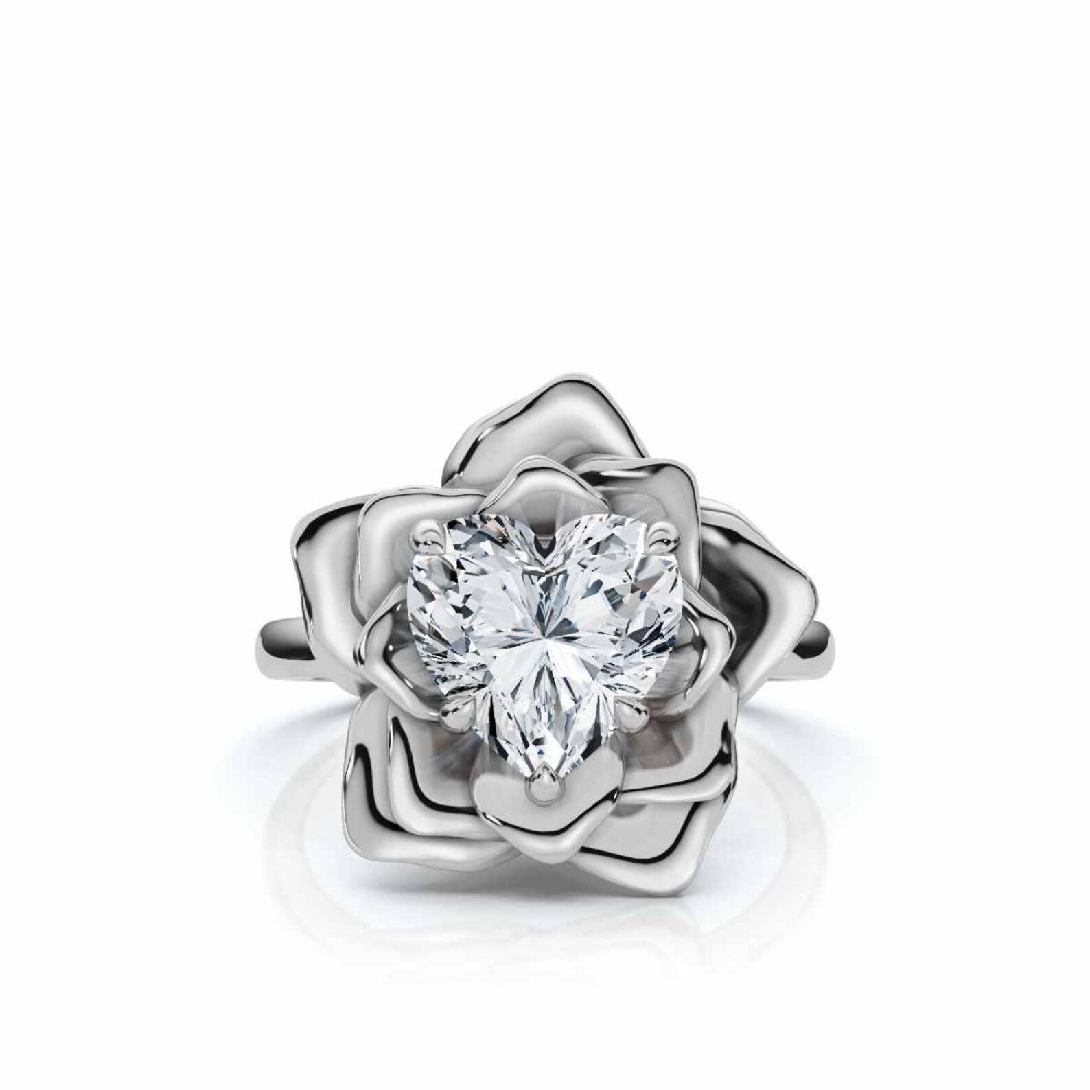 Sculptural Flower Petal Setting, 3 CT Heart Cut Lab Grown Diamond Floral Rose Ring