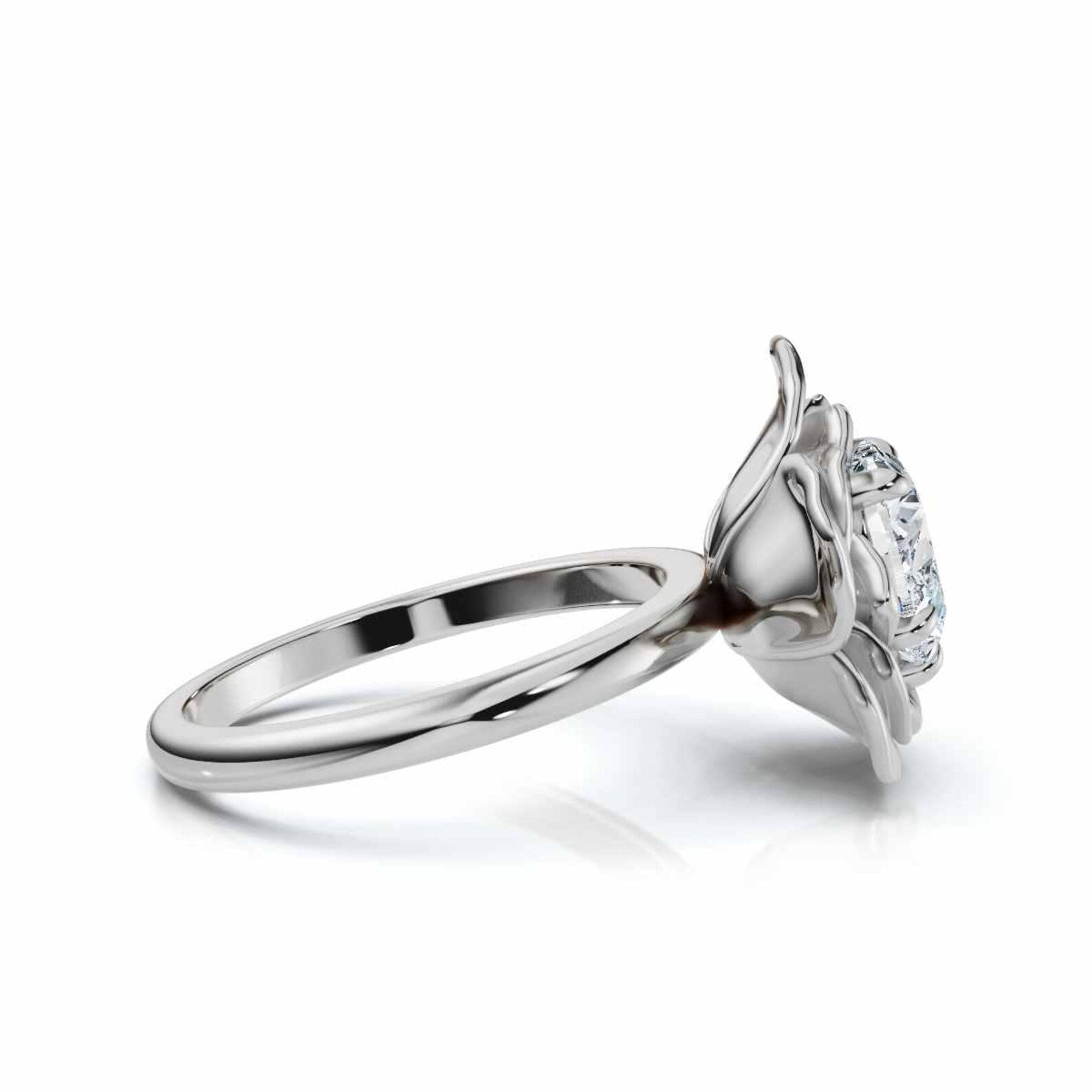 Sculptural Flower Petal Setting, 3 CT Heart Cut Lab Grown Diamond Floral Rose Ring