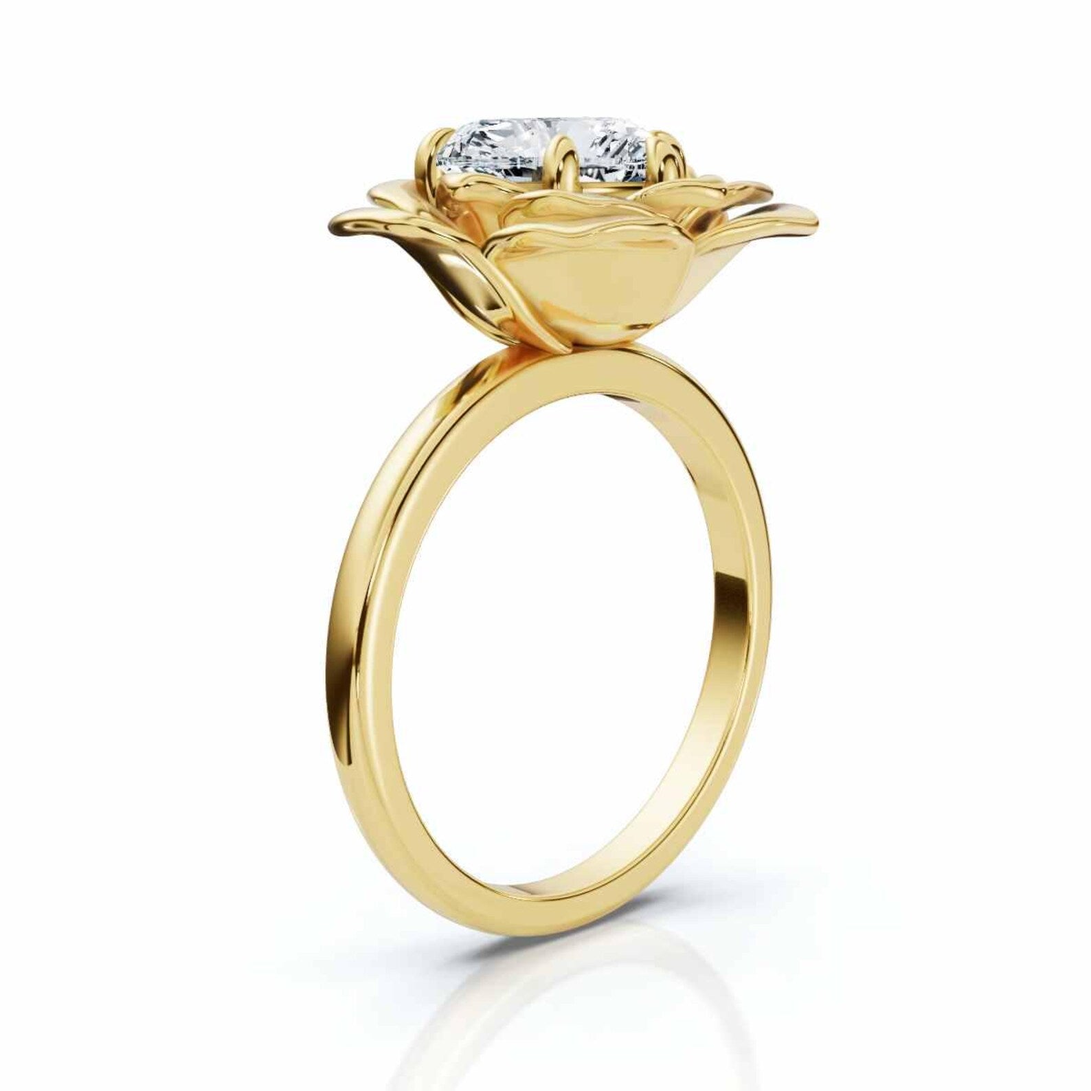Sculptural Flower Petal Setting, 3 CT Heart Cut Lab Grown Diamond Floral Rose Ring