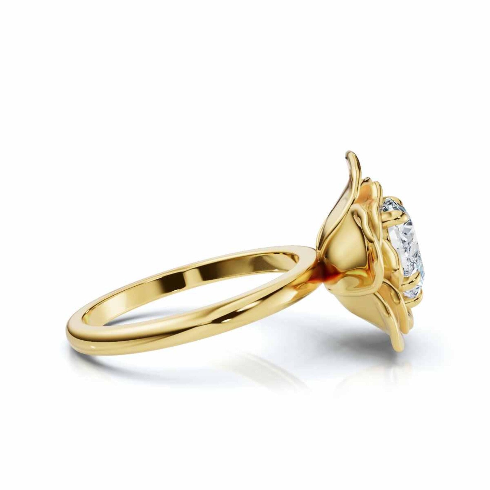 Sculptural Flower Petal Setting, 3 CT Heart Cut Lab Grown Diamond Floral Rose Ring