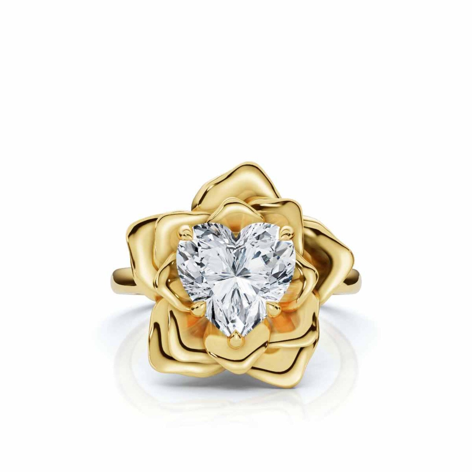 Sculptural Flower Petal Setting, 3 CT Heart Cut Lab Grown Diamond Floral Rose Ring