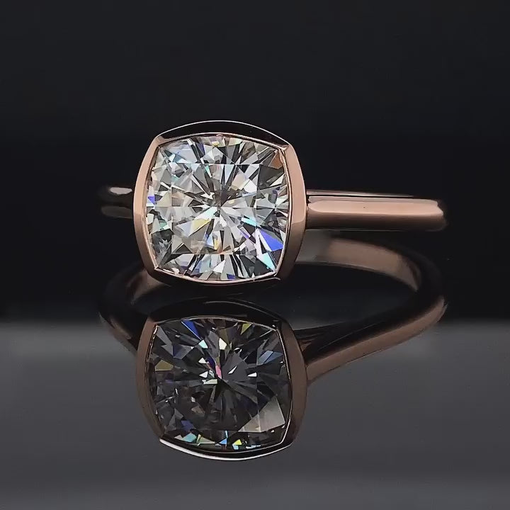 3 Carat Cushion Cut Lab Grown Diamond Bezel Engagement Ring in 14K Gold