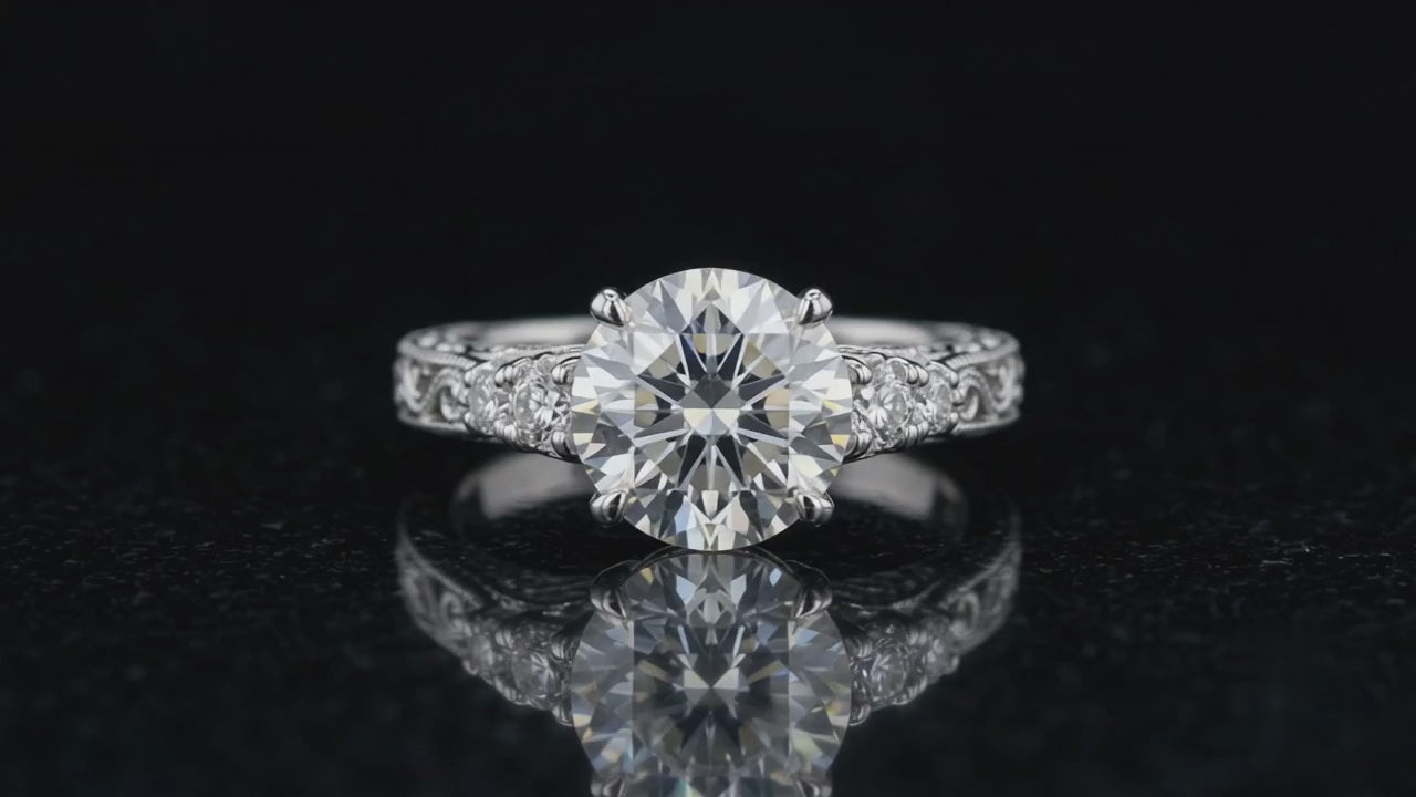 3 Carat Round Cut Lab Grown Diamond Vintage Filigree Ring in 14K White Gold