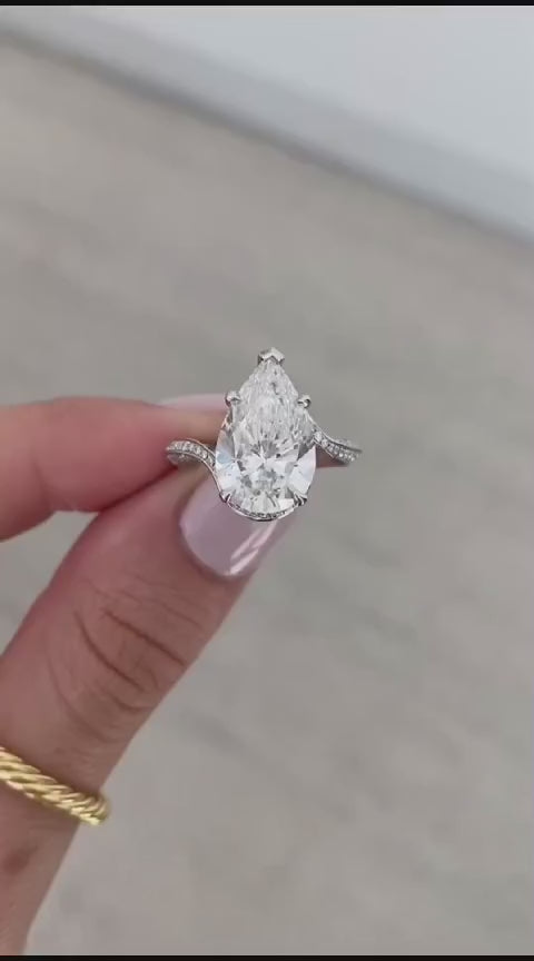 4 CT Pear Cut Lab Grown Diamond Engagement Ring with Pavé Band
