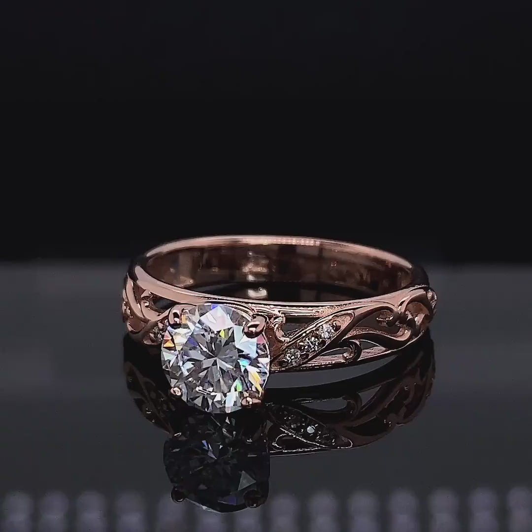 2 CT Round Lab Diamond Ring – Vintage Rose Gold Scrollwork Band