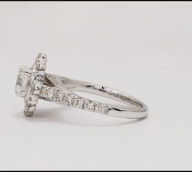 2 CT Round Cut Lab Grown Diamond Engagement Ring in White Gold with Scalloped Floral Halo & Pavé Band