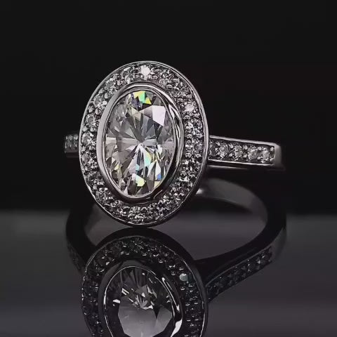3 CT Oval Lab Diamond Bezel Setting Ring with Pavé Band