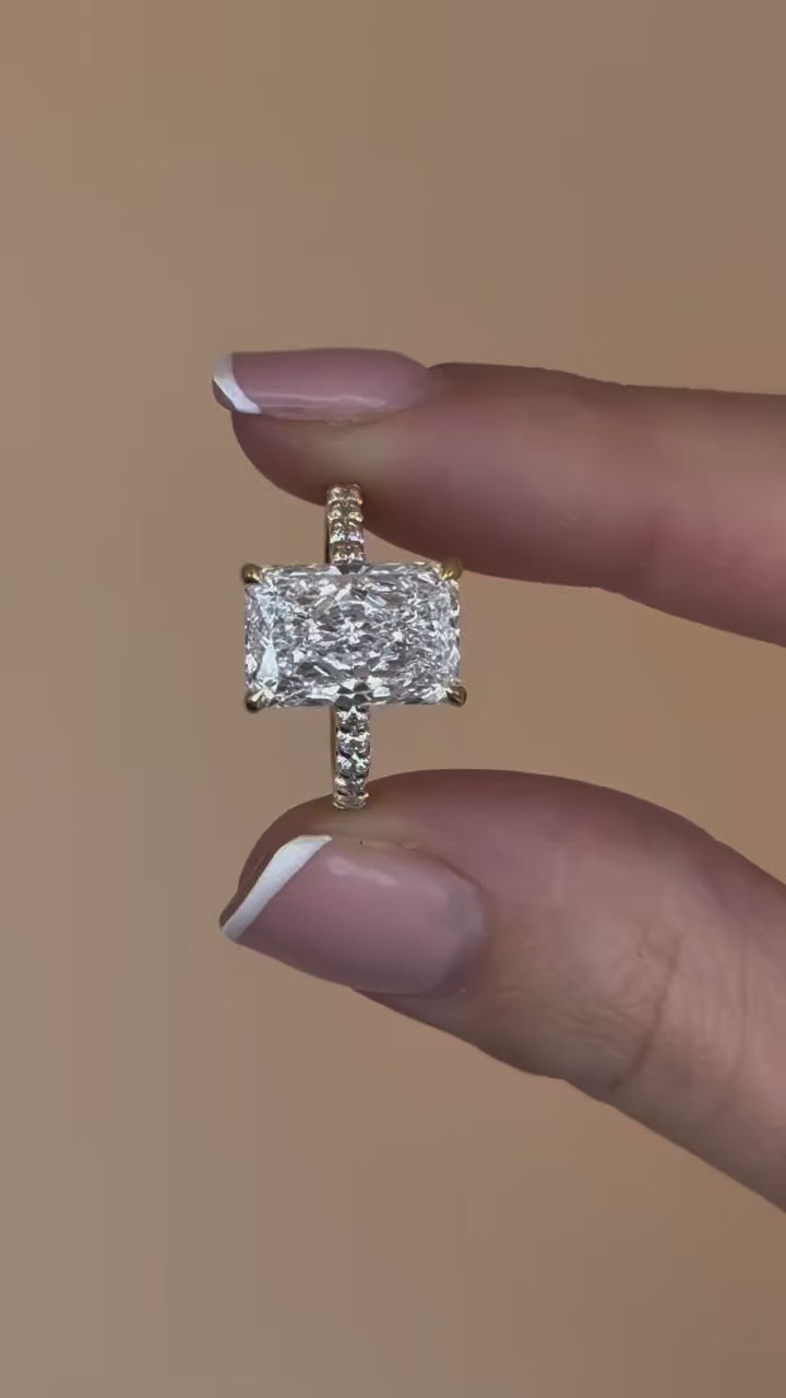 3 CT Elongated Radiant Cut Lab Grown Diamond Engagement Ring with Pavé Band