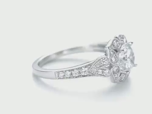 2 Carat Round Cut Lab Grown Diamond Vintage Floral Halo Engagement Ring in 14K White Gold